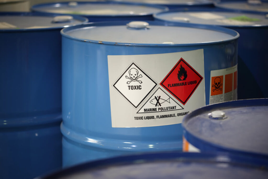 Hazardous waste barrel with danger label